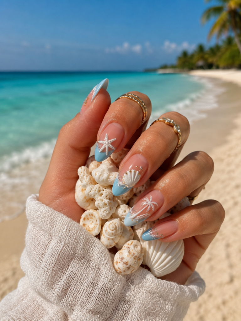 Coastal summer manicure holding seashells on the beach