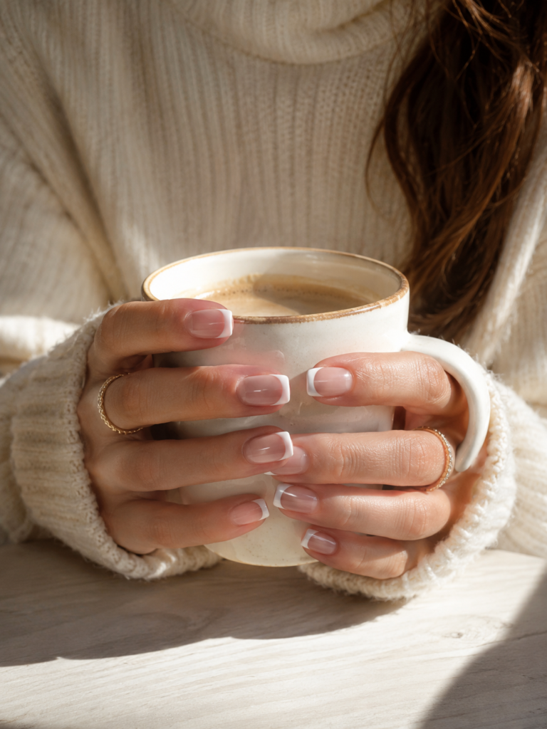 evpct French tip press on nails holding coffee mug