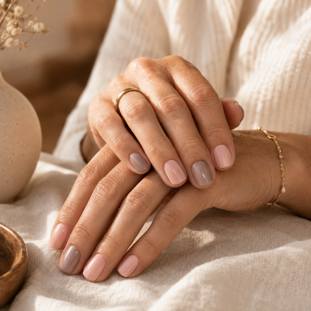 Soft blush pink and taupe nail colors for an elegant manicure