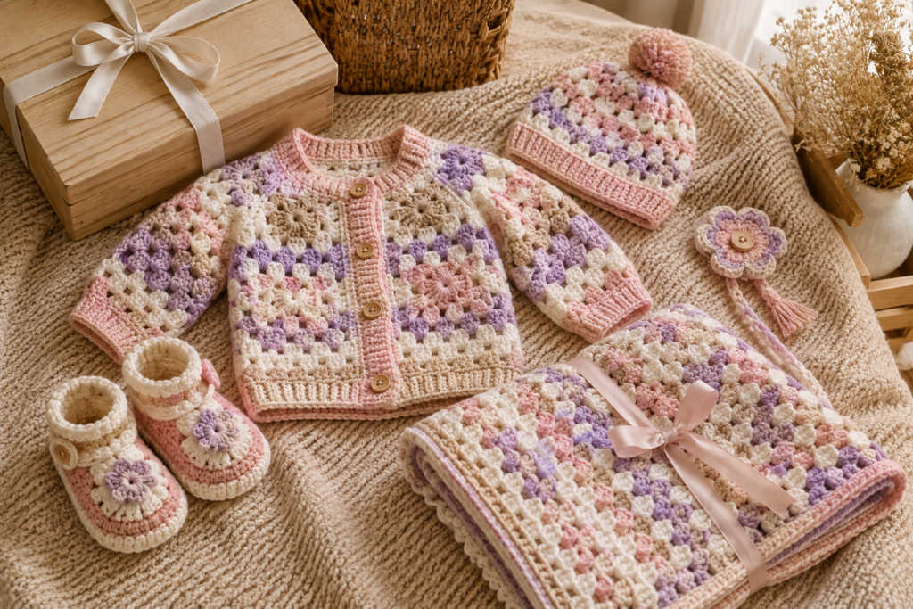 Pastel yarn color palette for a handmade crochet baby sweater