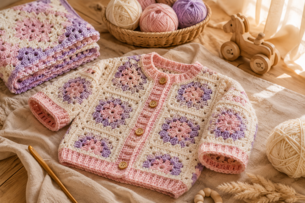 Handmade crochet baby cardigan with matching accessories