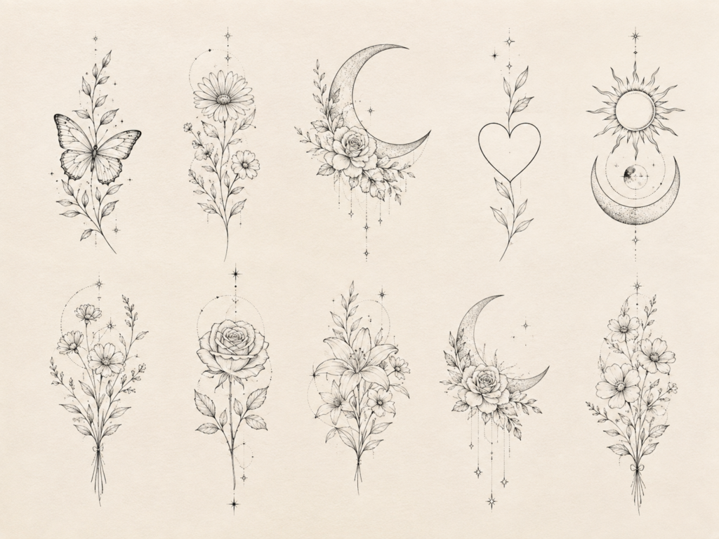 Meaningful feminine tattoo designs combining flowers, butterflies, moons, stars and botanical elements