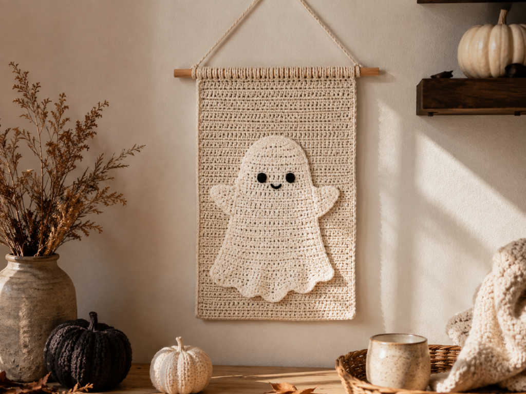 Three handmade crochet ghosts in different sizes for Halloween