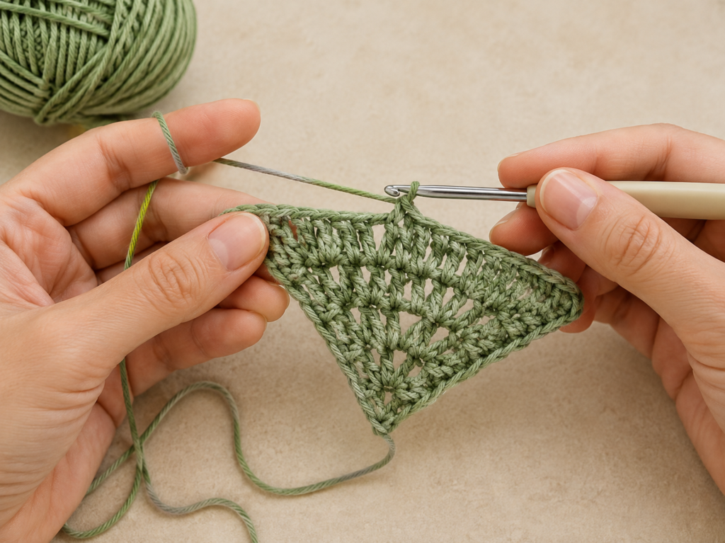 Beginning a triangular crochet bandana with a crochet hook and cotton yarn