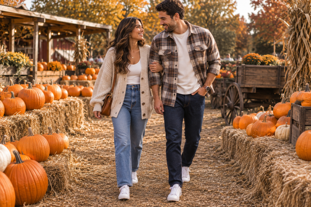 Couple wearing casual cardigans, denim and sneakers at a pumpkin patch