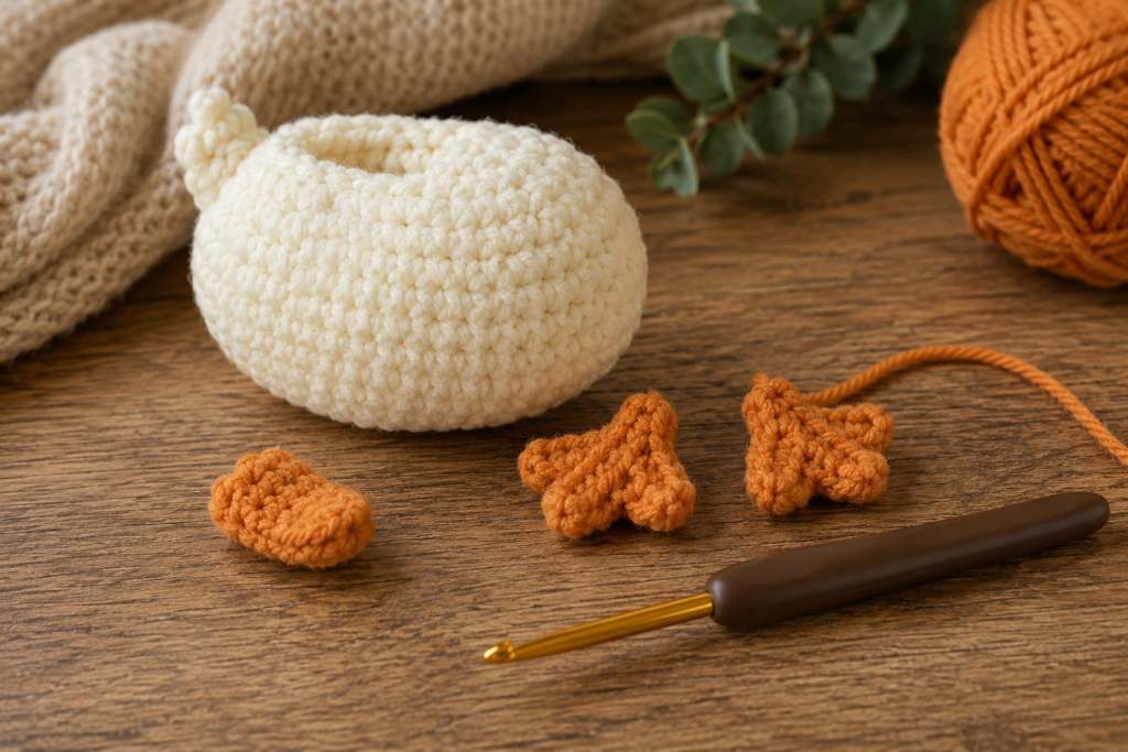 Rounded crocheted body for a lying duck amigurumi
