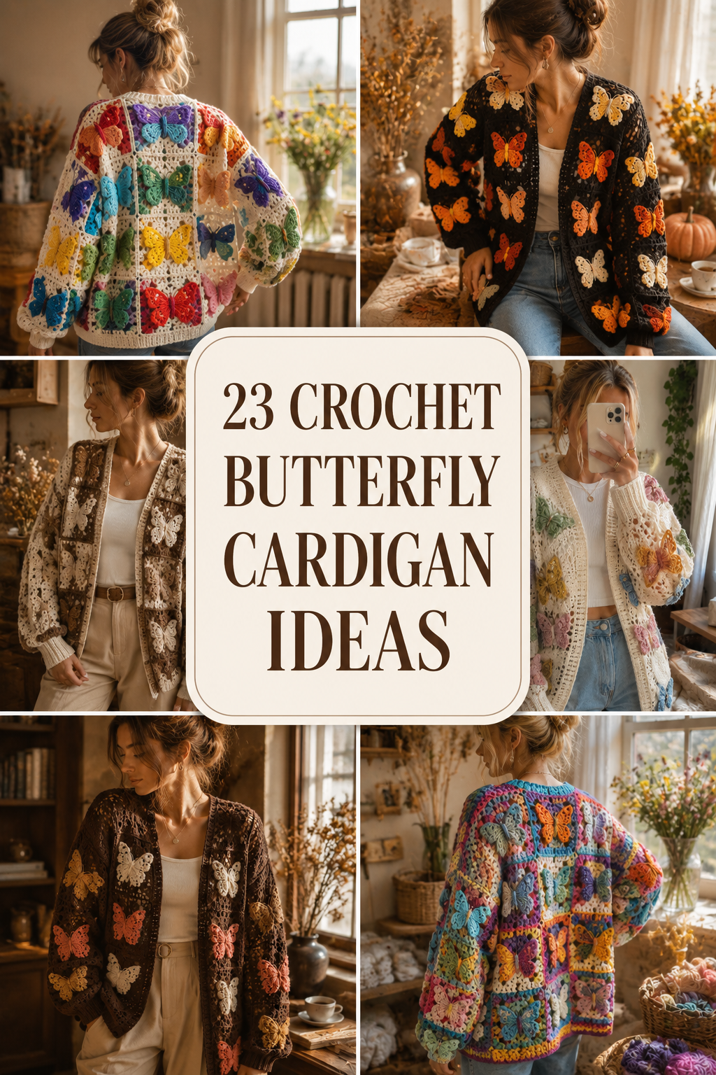 Colorful crochet butterfly cardigan with handmade butterfly motifs