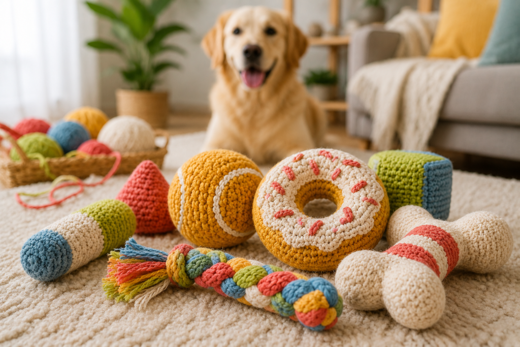 Collection of colorful handmade crochet toys for dogs