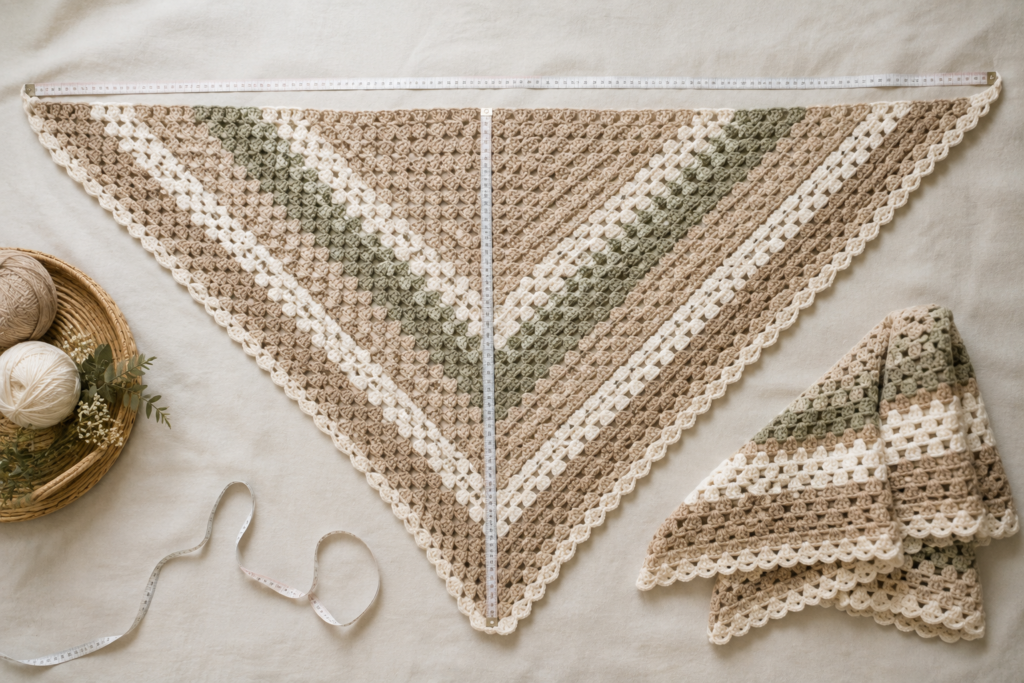 Crochet shawl being measured with a flexible measuring tape