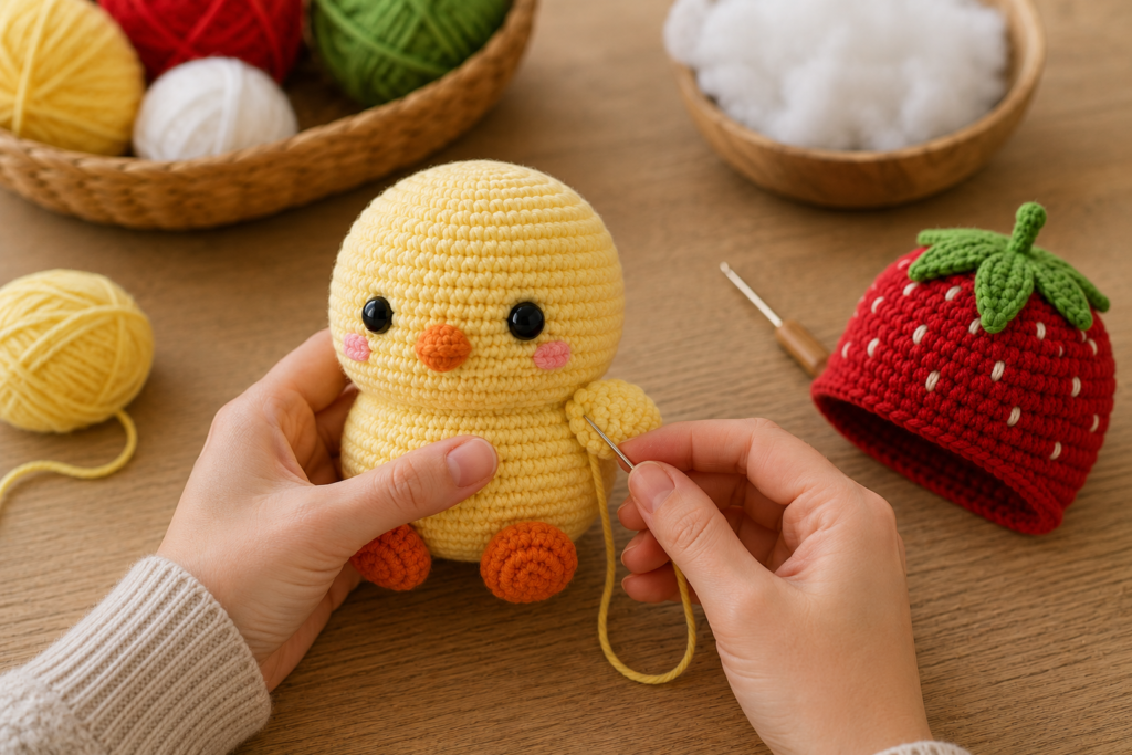 Assembling the wings, feet and strawberry hat on a crochet duck