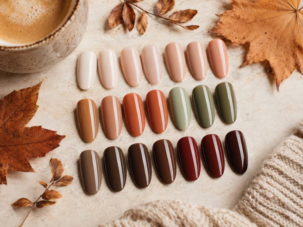 September nail color palette with cream caramel chocolate brown terracotta sage and burgundy