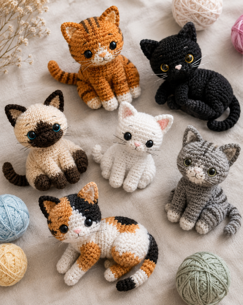 Colorful crochet cat amigurumi including tabby, black and Siamese cats