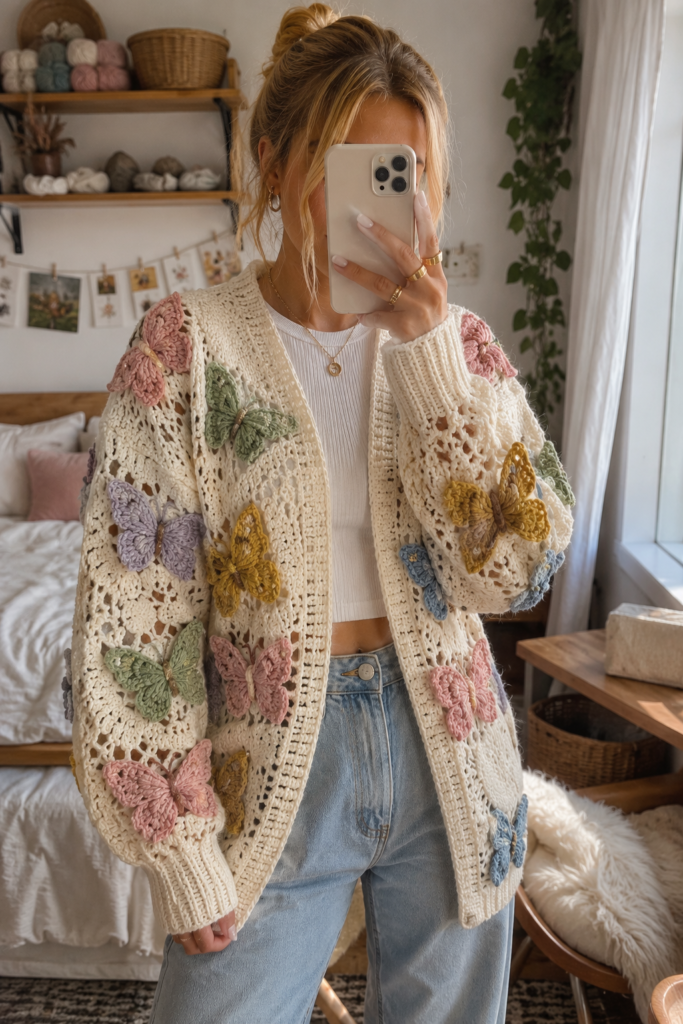 Bright colorful crochet butterfly cardigan with rainbow butterfly motifs