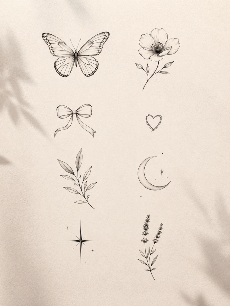 Feminine tattoo inspiration with butterfly, flower, bow, heart and botanical designs