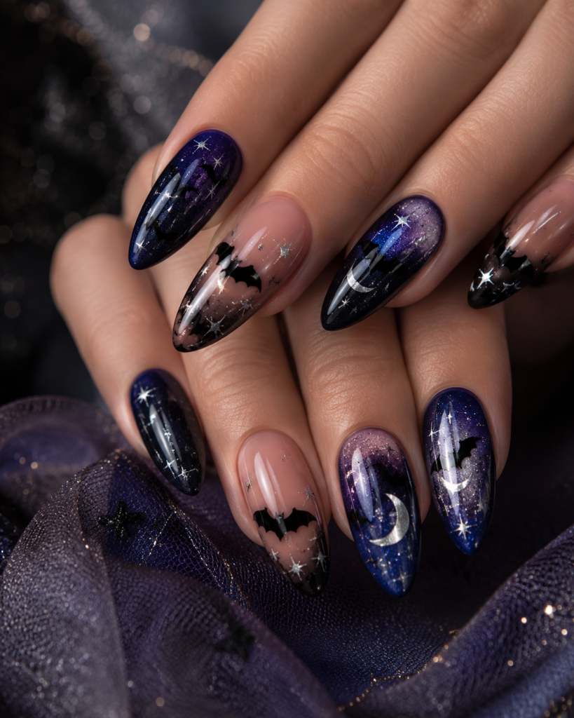 Black bat and crescent moon Halloween nail art with stars