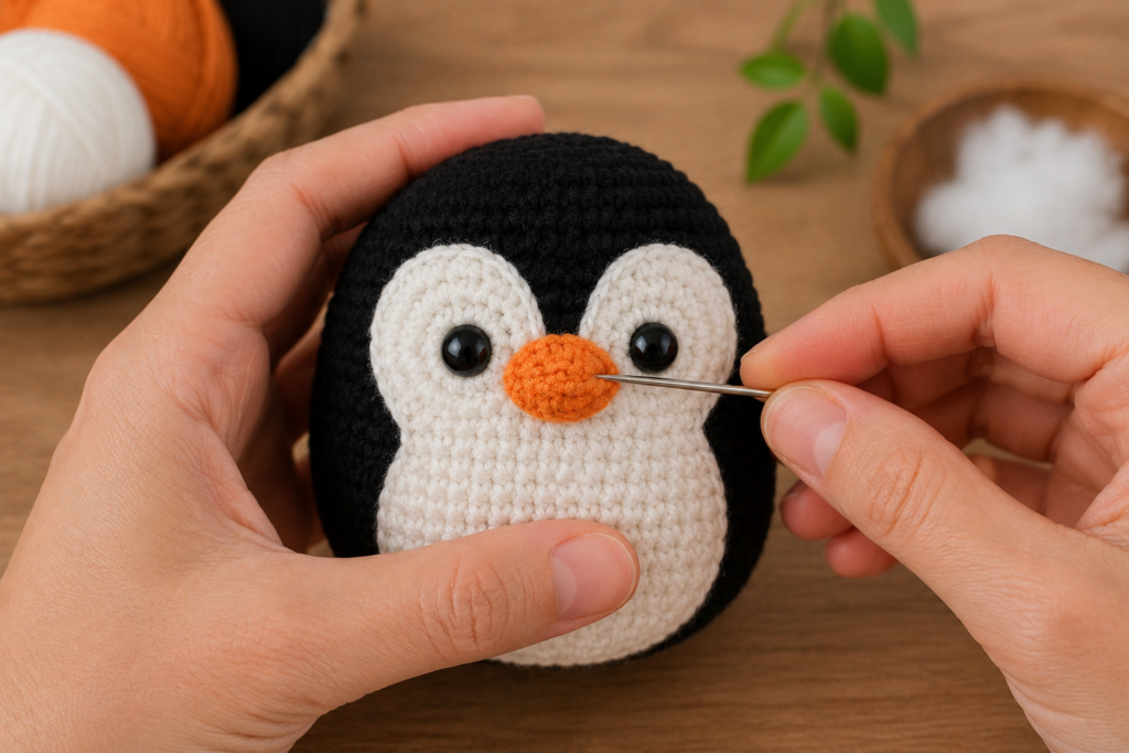 Adding safety eyes and an orange beak to a crochet penguin