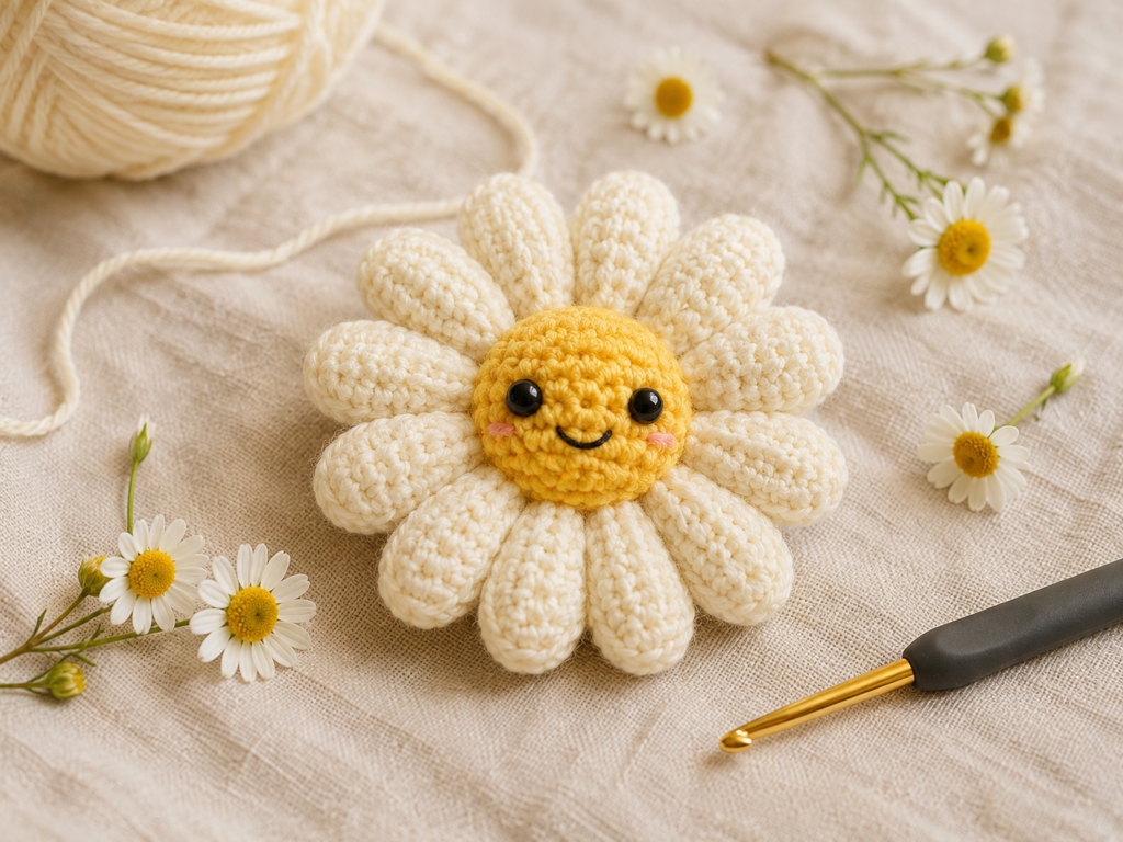 Finished yellow and cream crochet daisy plush with embroidered face