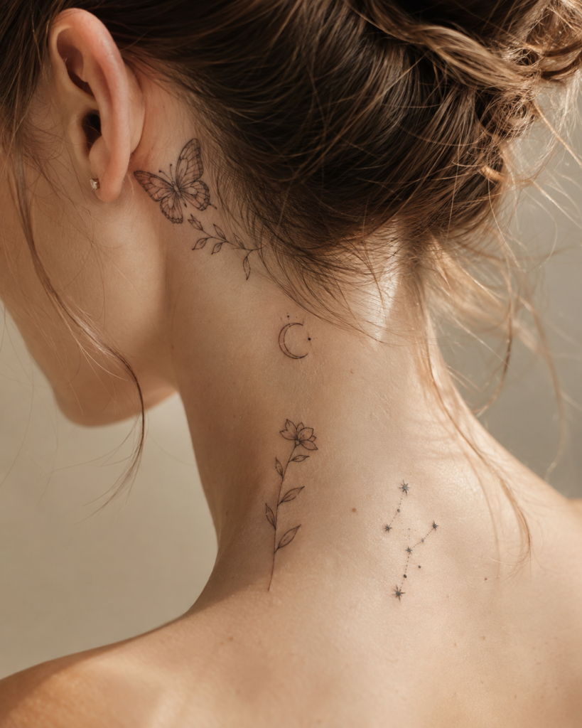 Minimalist neck tattoo ideas with delicate fine-line designs