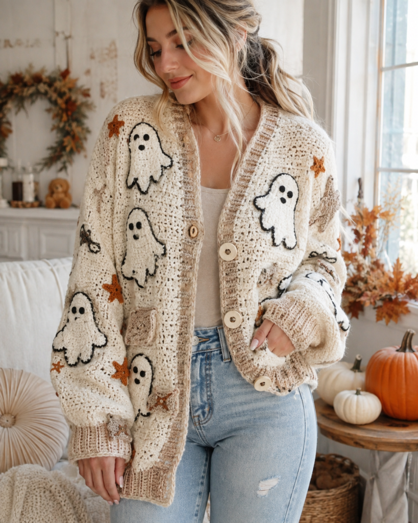 Cream crochet Halloween cardigan decorated with cute ghost motifs
