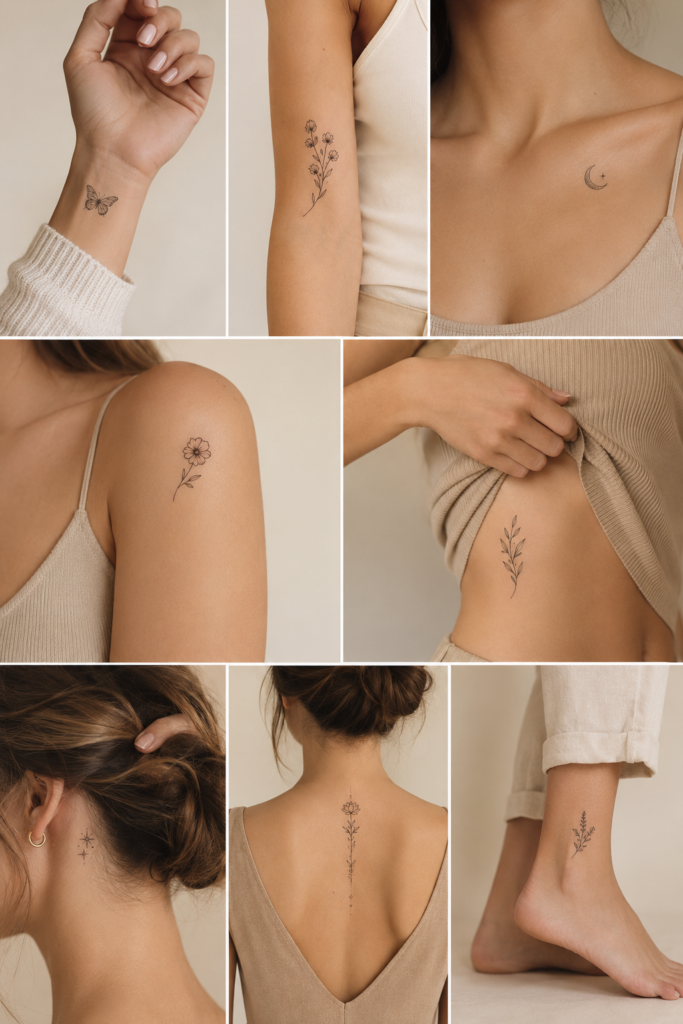 Feminine tattoo placement guide showing wrist, forearm, collarbone, ankle, shoulder, ribs and upper back