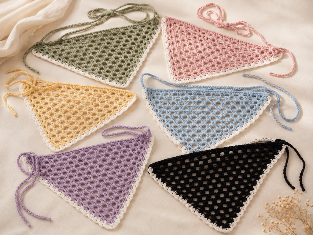Crochet bandanas in sage green pink cream yellow blue and black color combinations