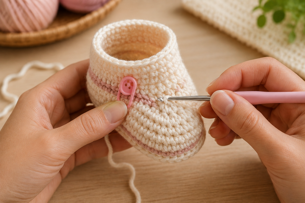 Crochet baby bootie being shaped around the toe