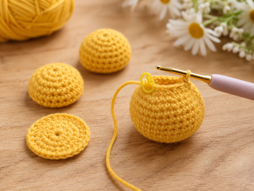 Yellow crochet daisy center worked in increasing rounds