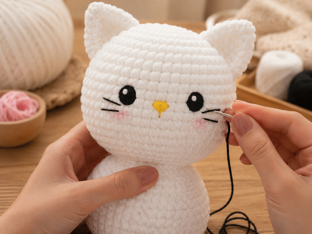 Embroidering eyes nose and whiskers on a crochet kitty plush