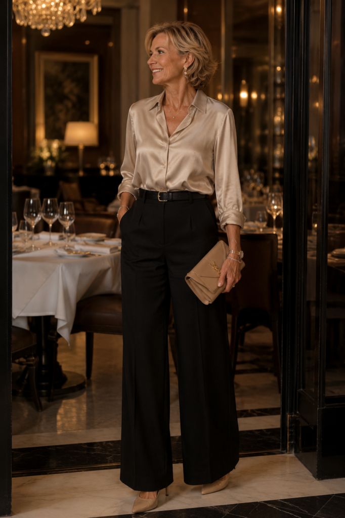 Silk blouse with wide-leg trousers