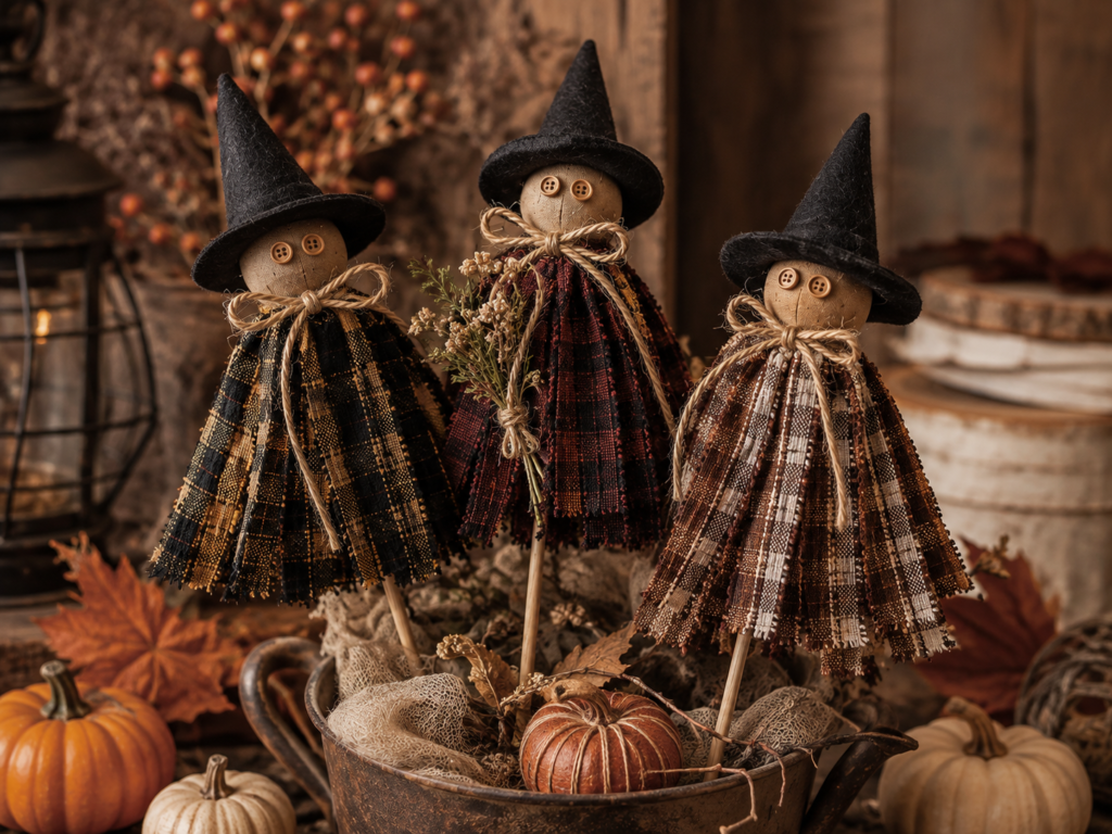 Finished rustic homespun fabric witch decorations with black felt hats