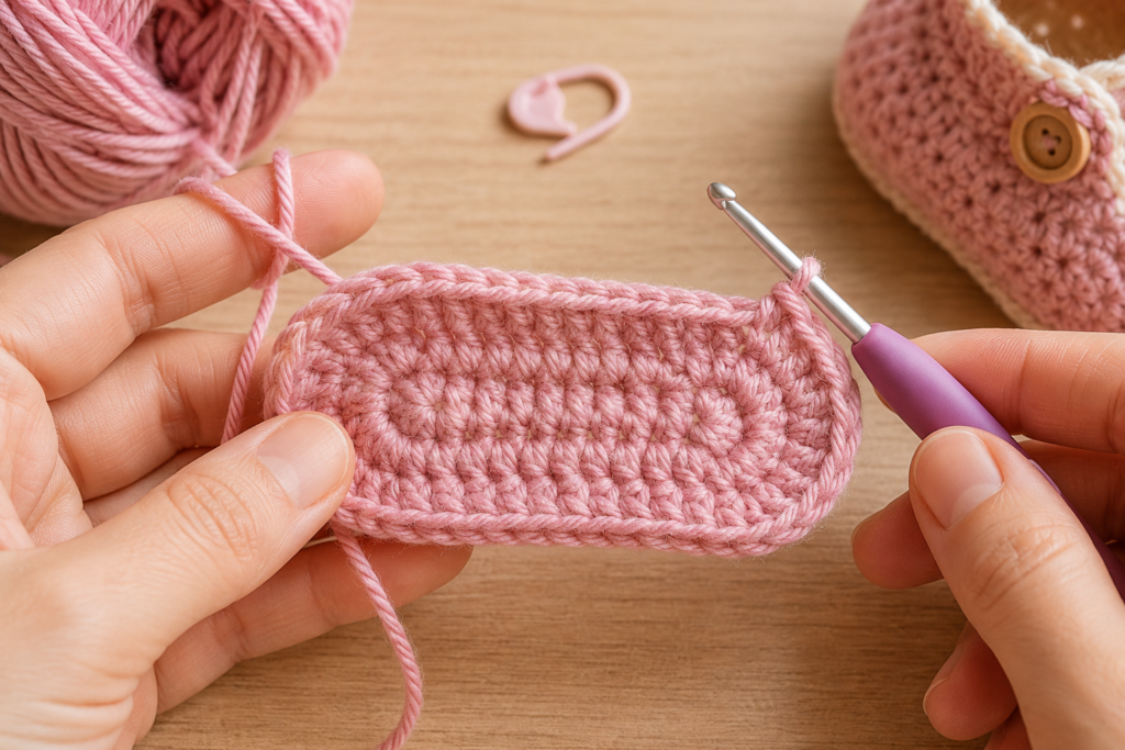 Crochet baby bootie sole being worked with a crochet hook