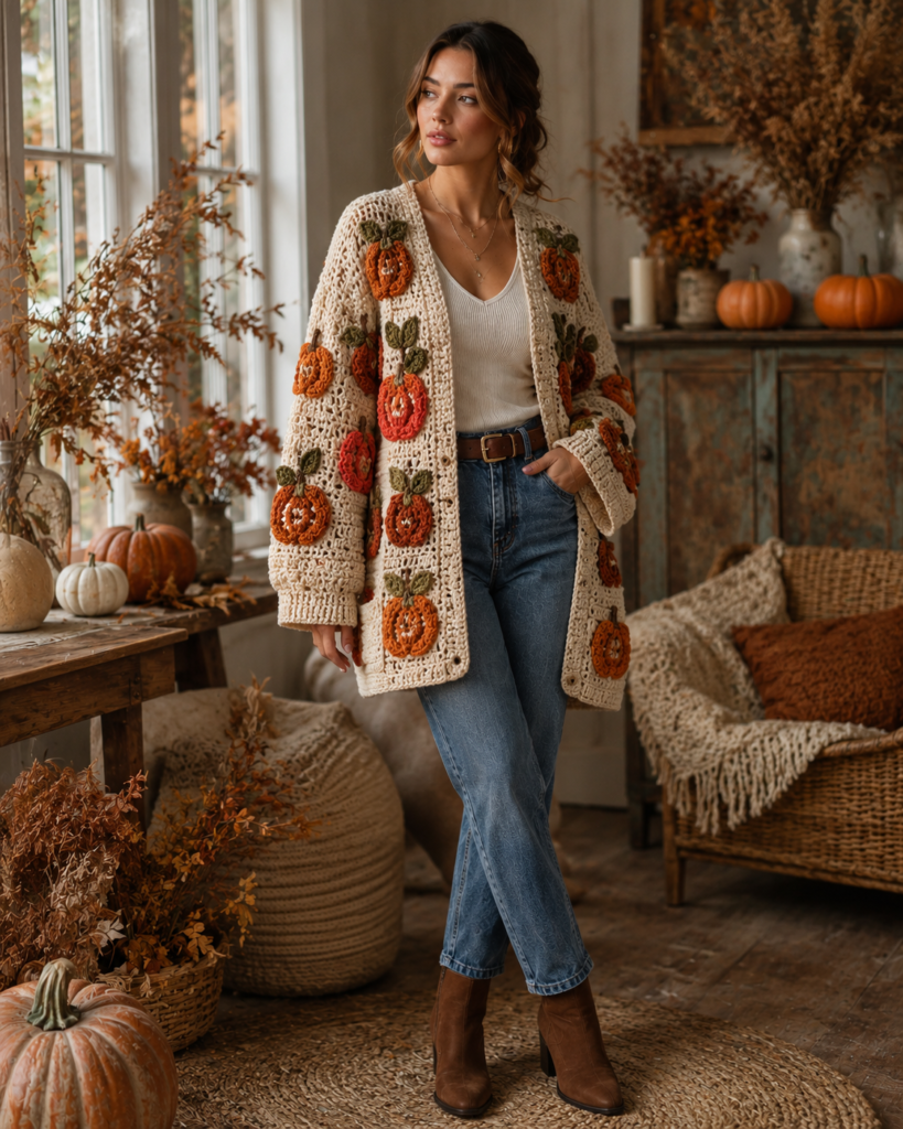 Oatmeal crochet cardigan with burnt orange pumpkin and autumn leaf motifs