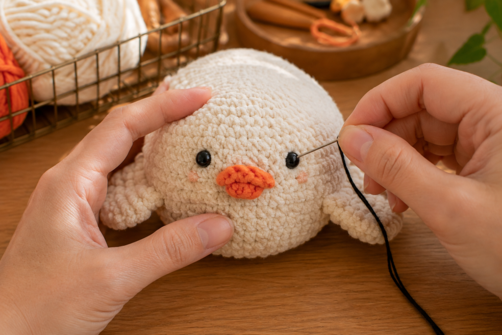 Embroidering the eyes and face of a crochet duck