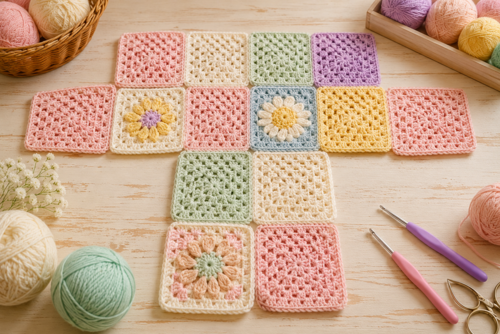 Soft pastel crochet yarn and hook for making baby clothing