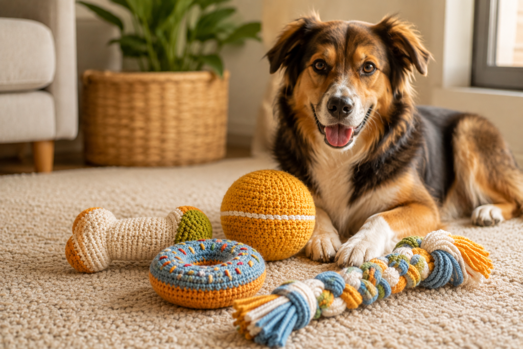 Handmade crochet dog toys arranged beside a happy dog