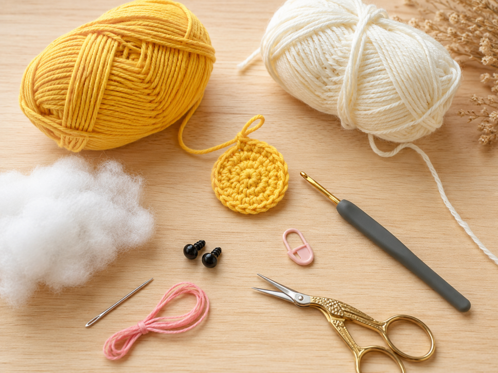 Yarn, crochet hook, safety eyes and stuffing for a crochet daisy