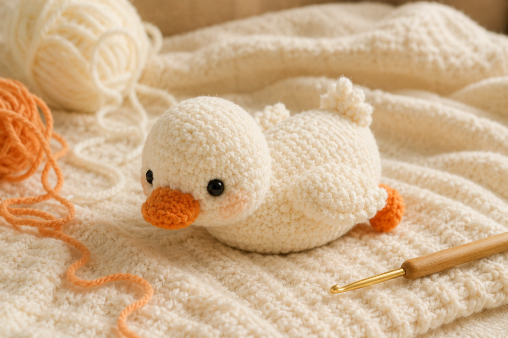 Finished fluffy lying duck crochet amigurumi with orange beak and feet