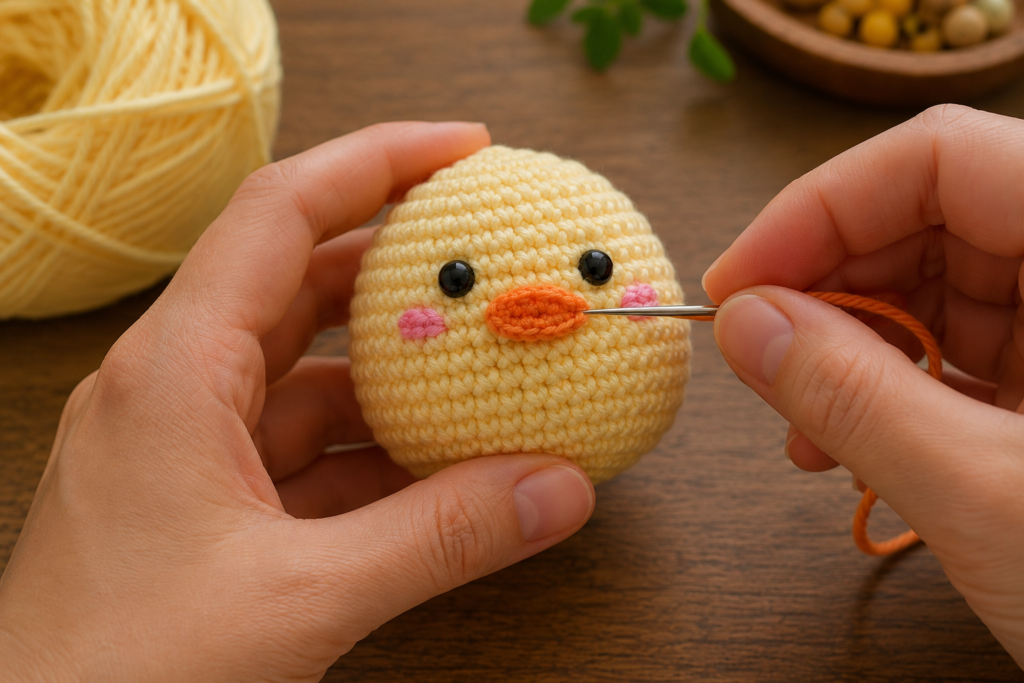 Adding eyes and an orange beak to a crochet duck