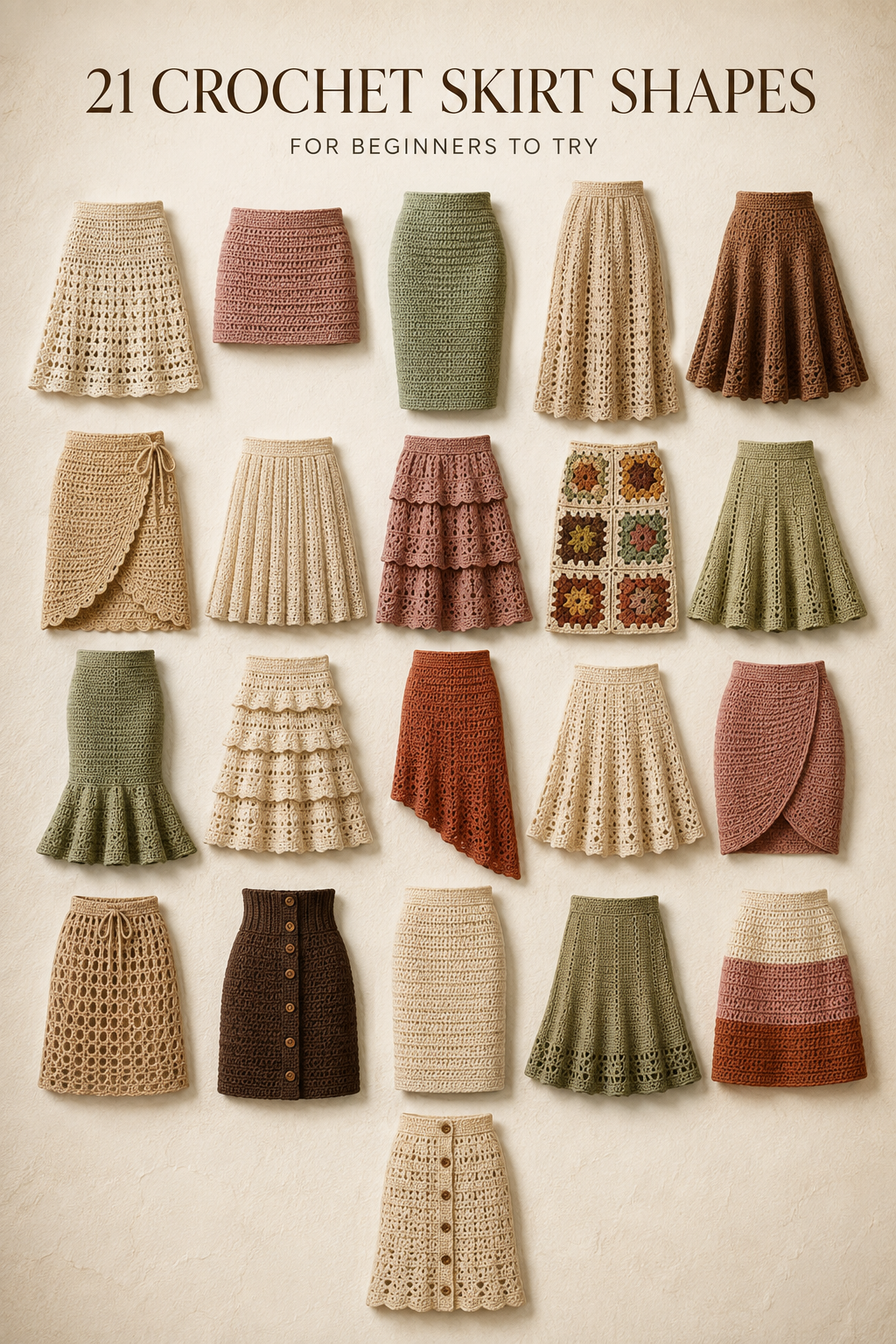 Visual guide showing 21 different crochet skirt shapes including A-line, maxi, wrap, granny square and tiered styles