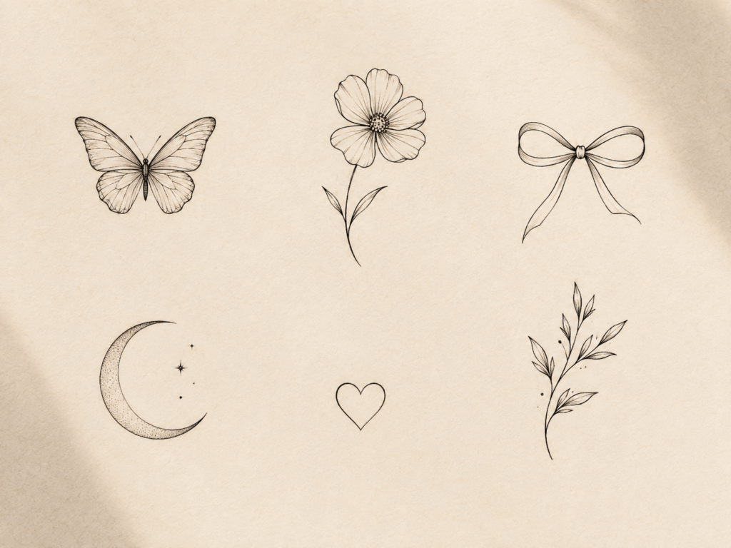 Delicate feminine tattoo designs featuring butterflies, flowers, bows, hearts and botanical branches