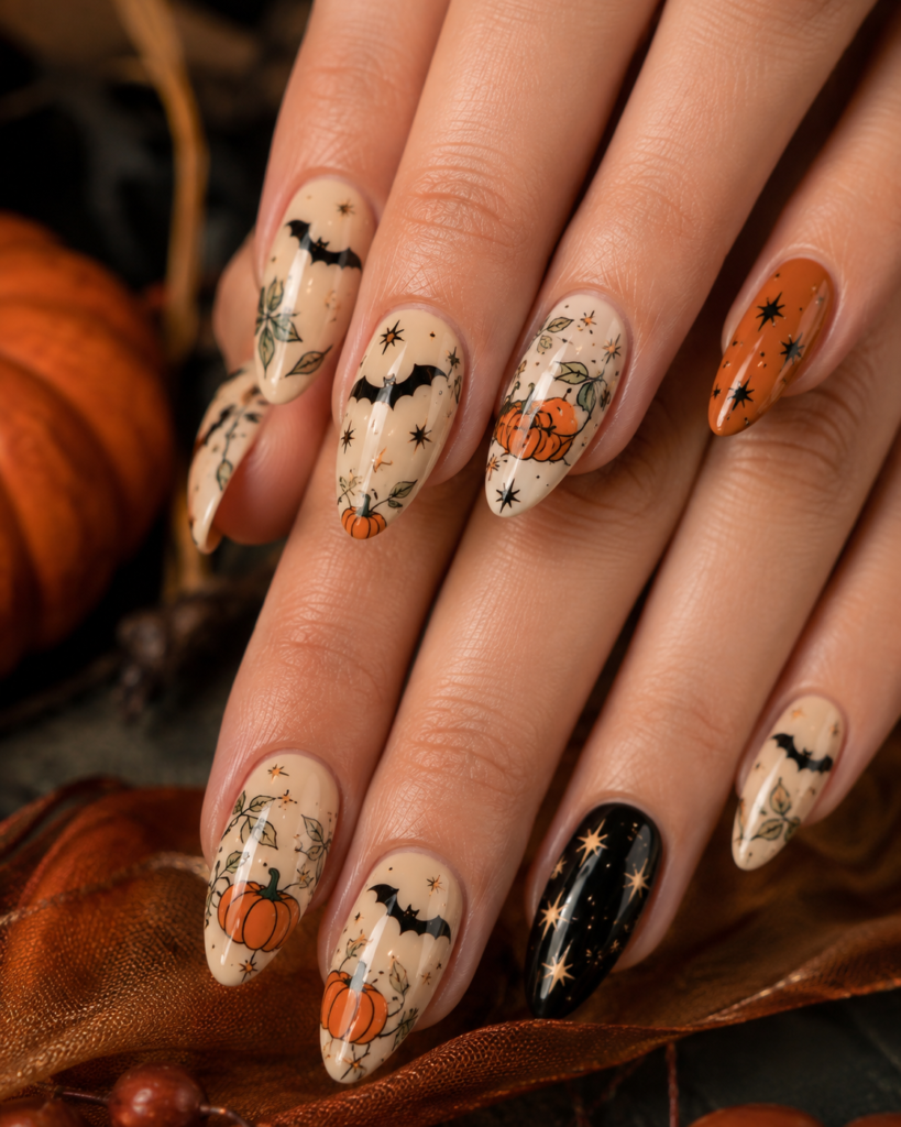 Halloween nails featuring black bats, pumpkins and autumn colors