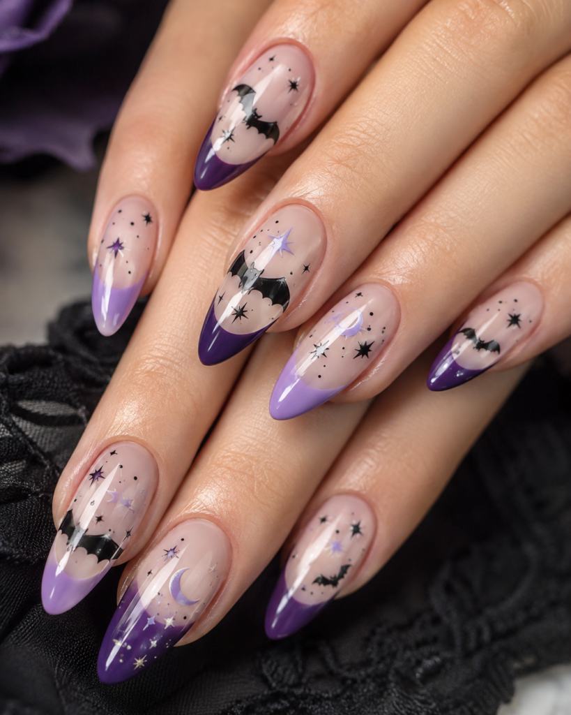 Purple and black Halloween bat nail art on almond-shaped nails
