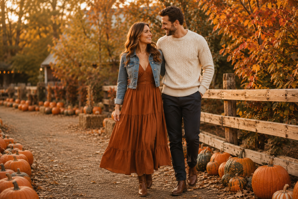 Couple wearing dresses, jackets and coordinated fall outfits