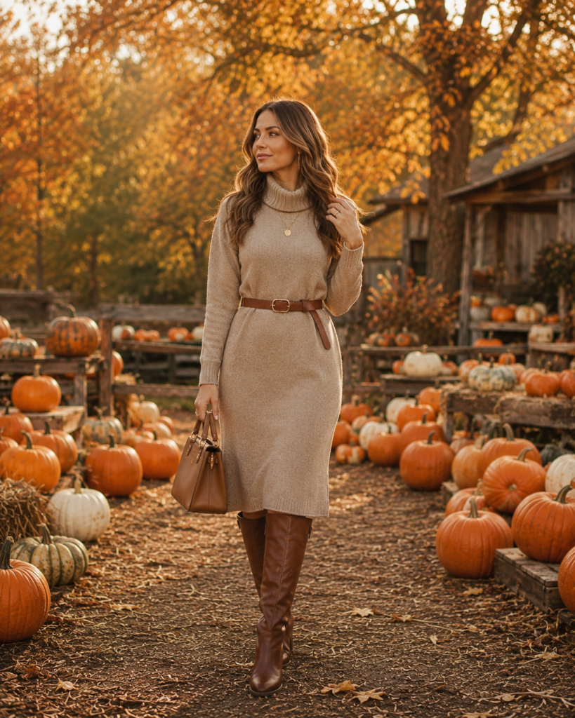 Camel sweater dress and knee-high boots pumpkin patch outfit