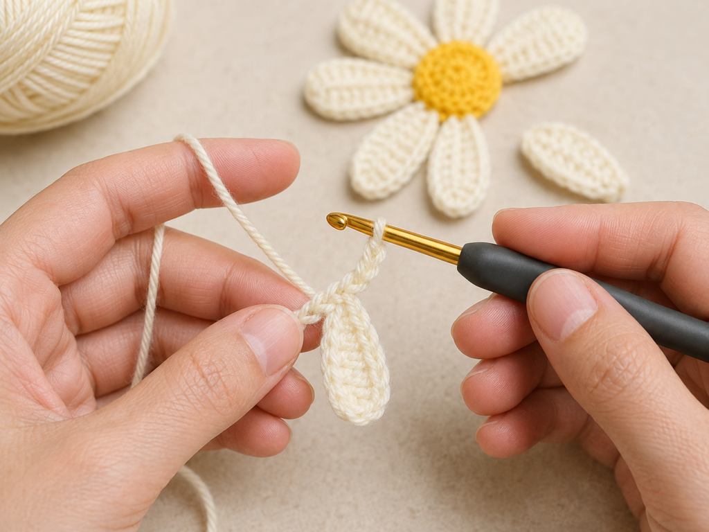 Cream crochet daisy petal being worked with a crochet hook