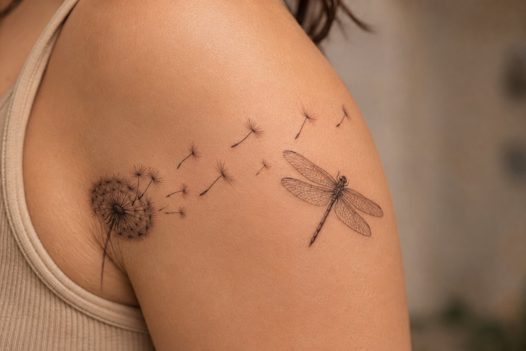 Small minimalist dragonfly tattoo in delicate fine-line style