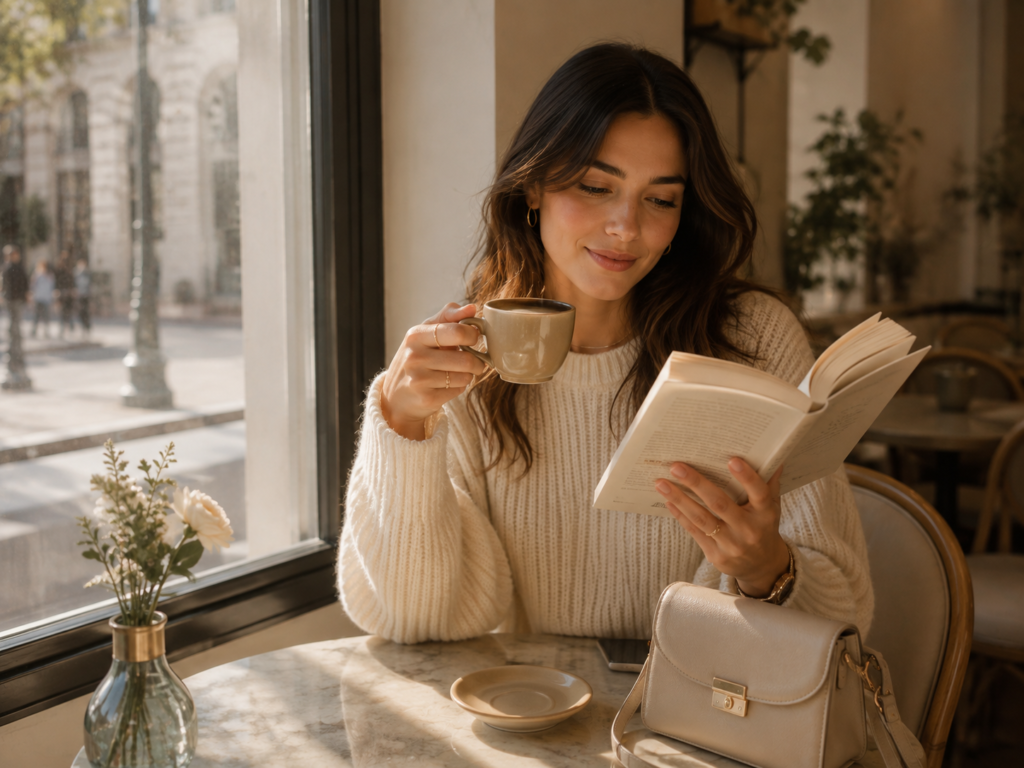 Confident woman enjoying time alone with a book and coffee