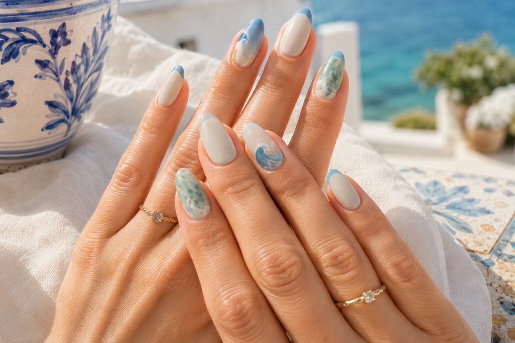 Blue white and seafoam coastal summer nails