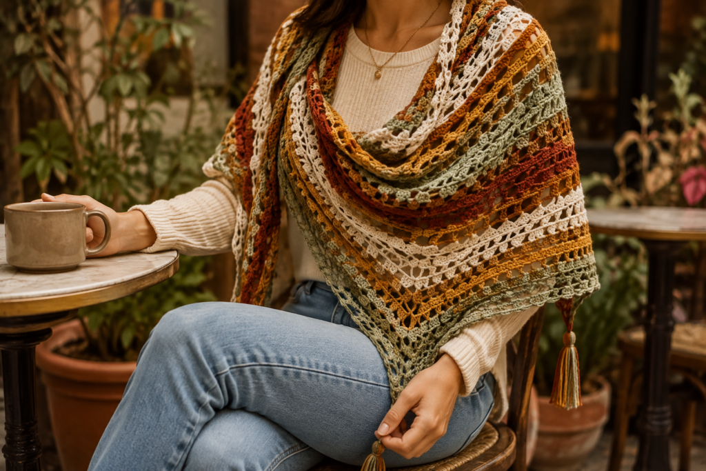 Woman wearing a handmade crochet shawl with a casual outfit