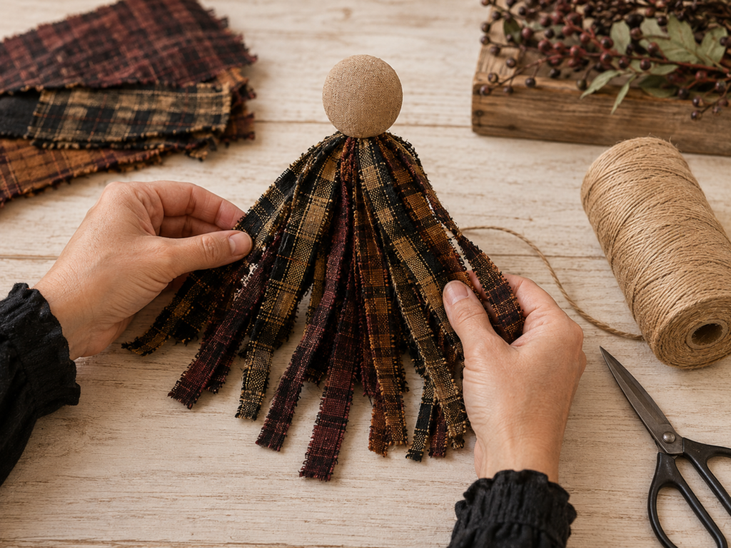 Homespun fabric strips forming the body and skirt of a Halloween witch